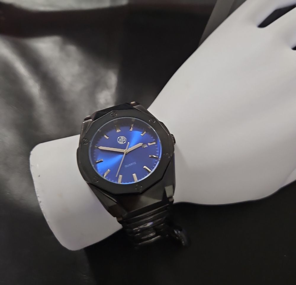 A J Brand Men's Black Stainless Steel Watch with Blue Dial